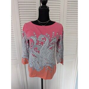 The Talbots Tee Top Women's S Paisley Print 3/4 Sleeve Pink Orange Coastal Vacay